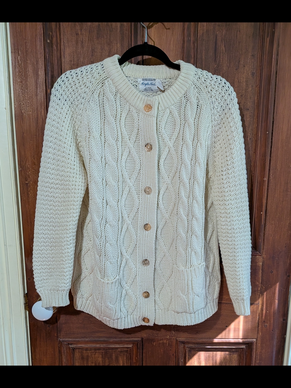 Vintage Cable Knit Crewneck Button Cardigan Sweater - Cream